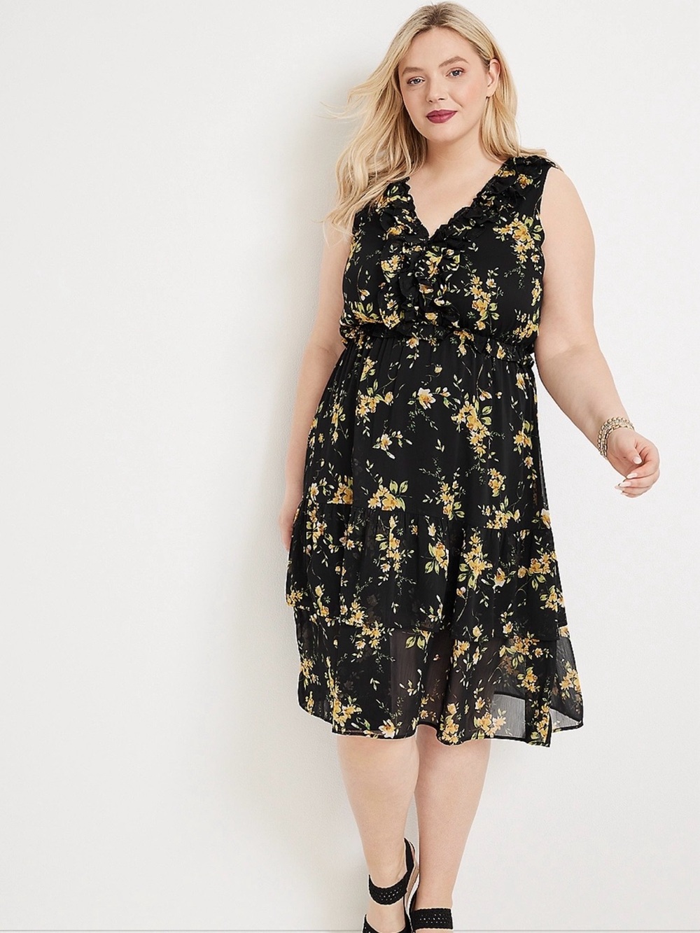 Maurices Black Floral Ruffle V-Neck Midi Dress